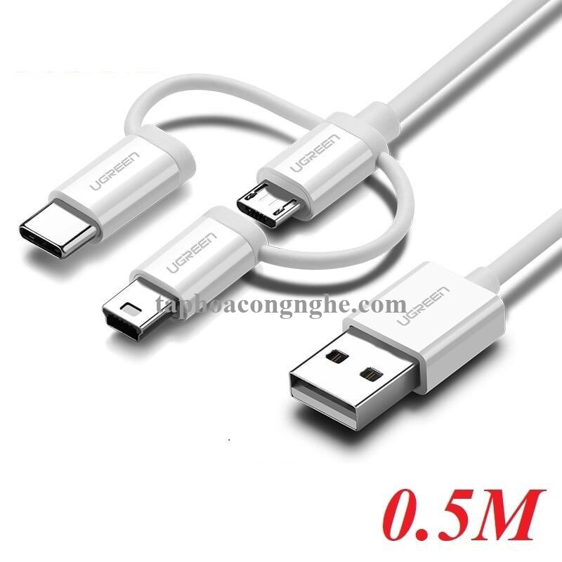 Ugreen 40766 0.5m màu Bạc Cáp dữ liệu USB 3trong1 micro + lightning + mini USB + truyền dữ liệu từ máy tính ra điện thoại US185 30040766